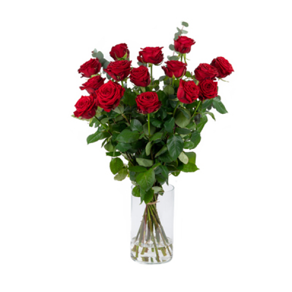 Rode Rozen met groen 15 stuks met groen