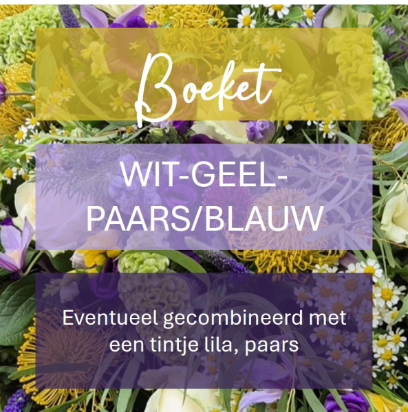 Gemengd boeket - witte & gele & blauw/paarse bloemen  